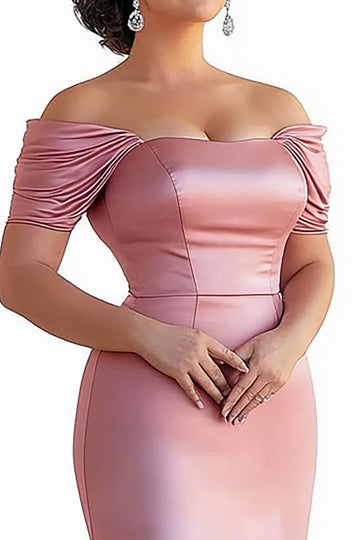 Pink Sheath Ruched Off the Shoulder Satin Long Mother of the Bride Dress